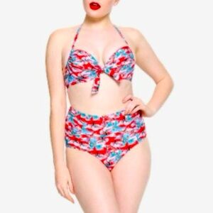 Disney Mulan Retro Style Red Floral Bikini Pushup Top L High Waist Bottom XL